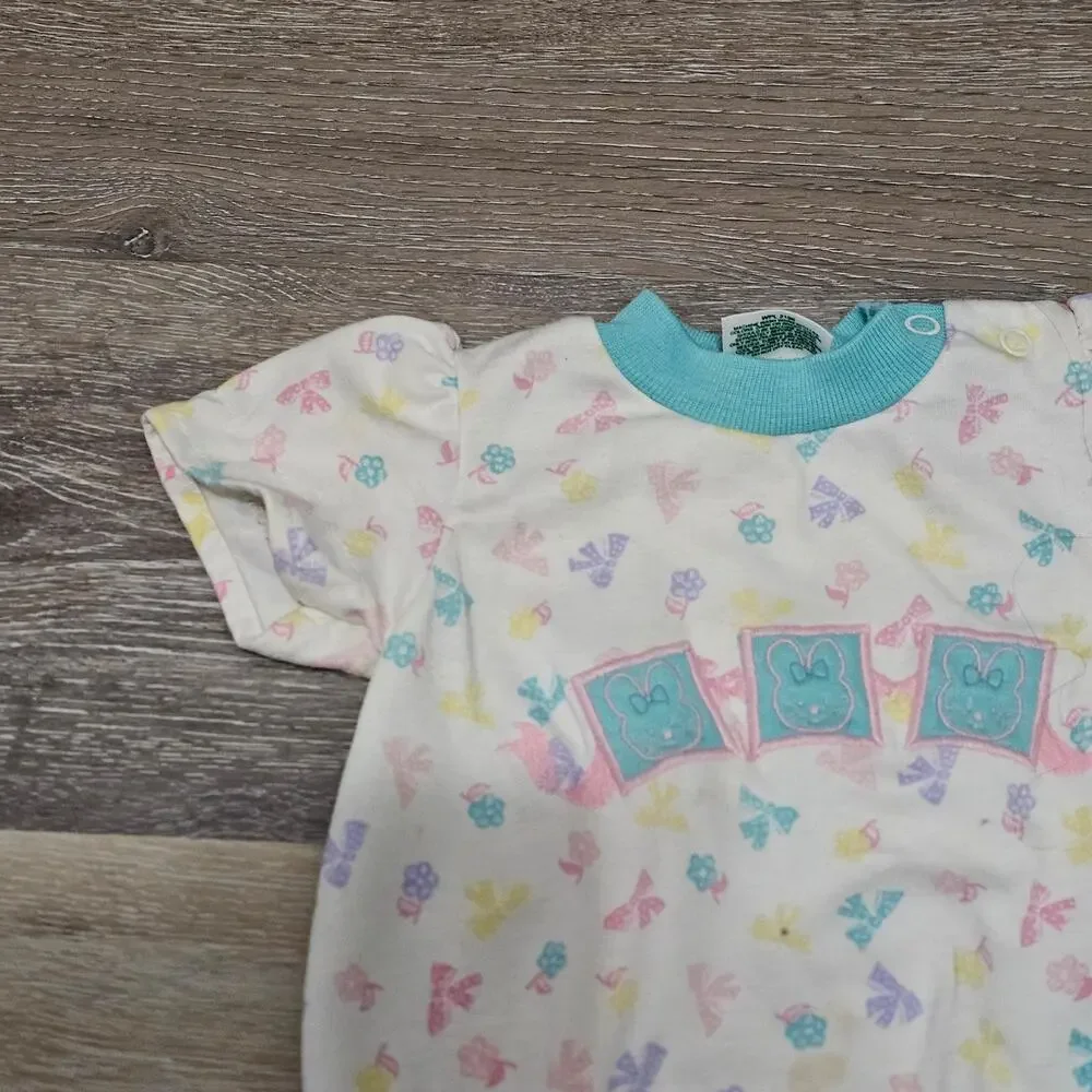 Health Tex Made in USA White Pastel Bodysuit Blue Pink Vintage 90s Girls Baby